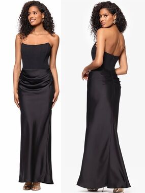 Betsy & Adam Women's Corset with Ruched Satin Skirt Floor-Length Strapless Gown
